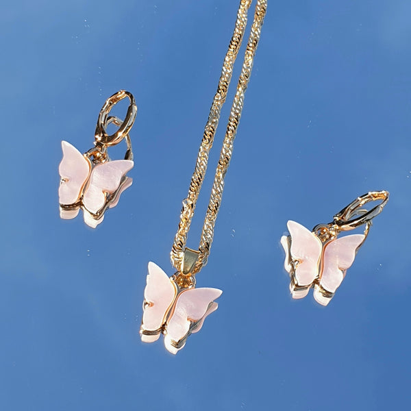 Conjunto mariposa pequeña - collar de acero inoxidable con pendientes