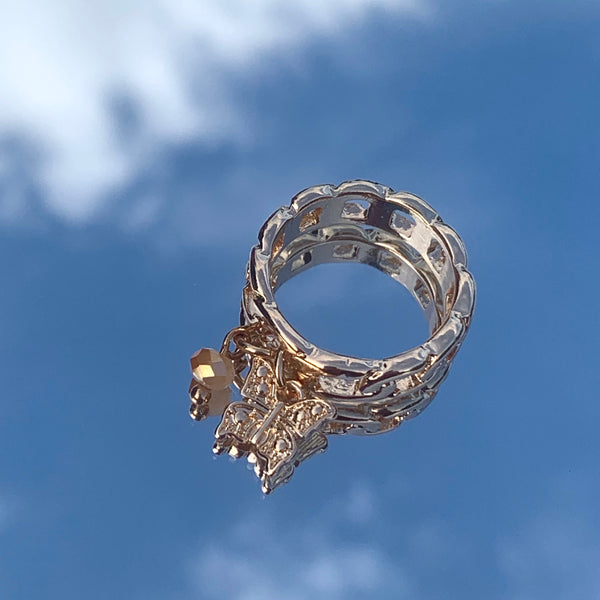Anello catena farfalla - anello color oro con ciondoli