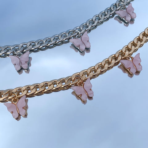 Mariposa Choker Rosequarz - Halskette aus EDELSTAHL mit rosa Schmetterlingen